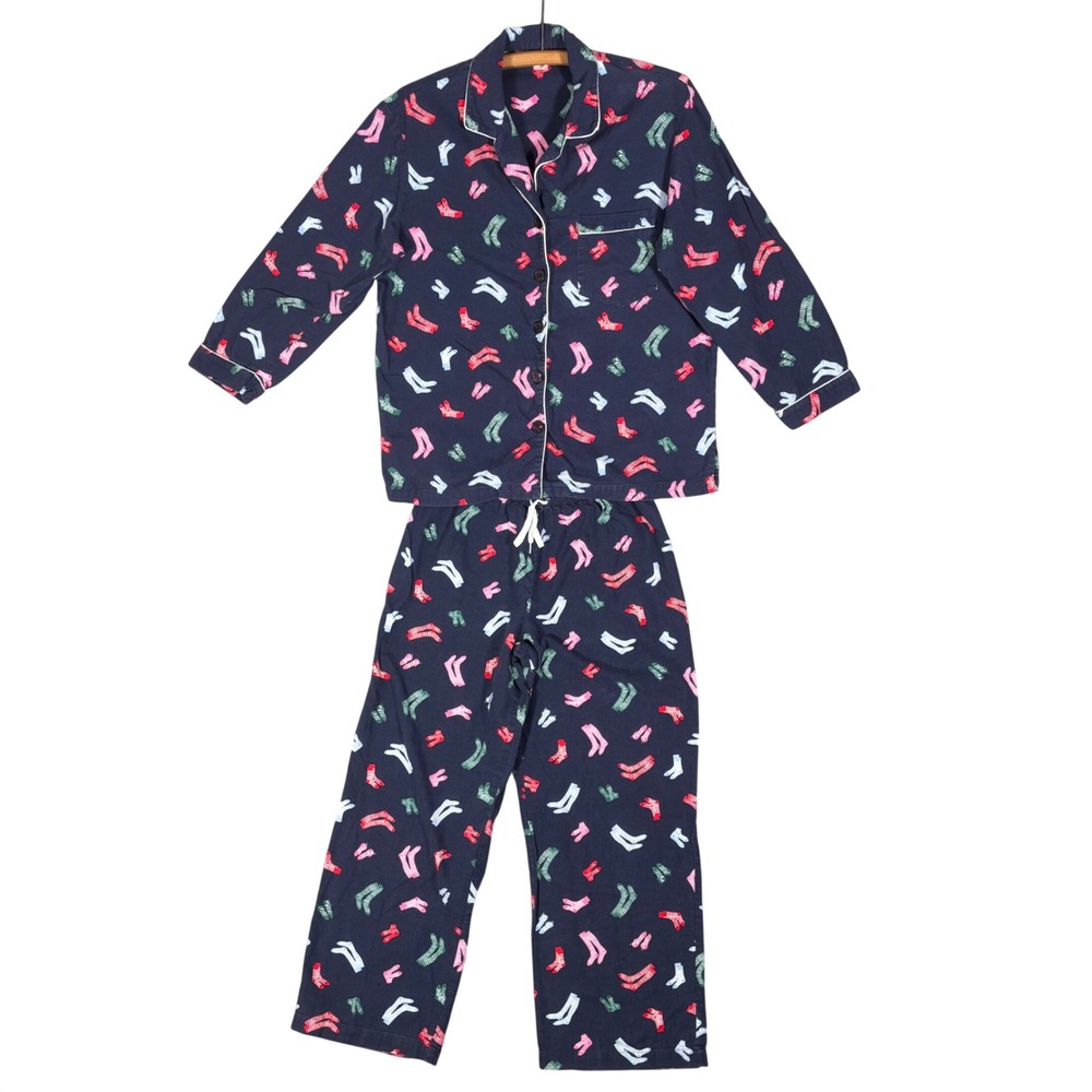 Victorias Secret Pajama Set Small Navy Blue Cotton Flannel Sock Print Cozycore